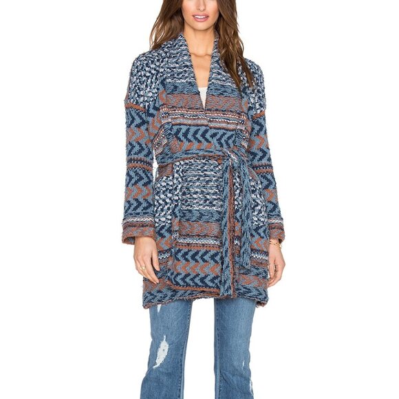 Free People Women's Iona Wrap Knit Cardigan Aztec Print Size Large Blue Brown - Picture 1 of 7